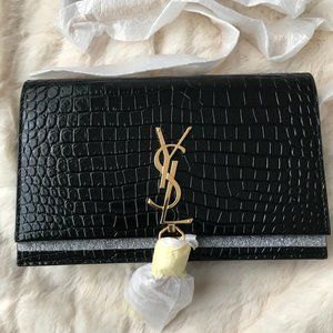 SAINT LAURENT Black Small Croc Kate Tassel Bag